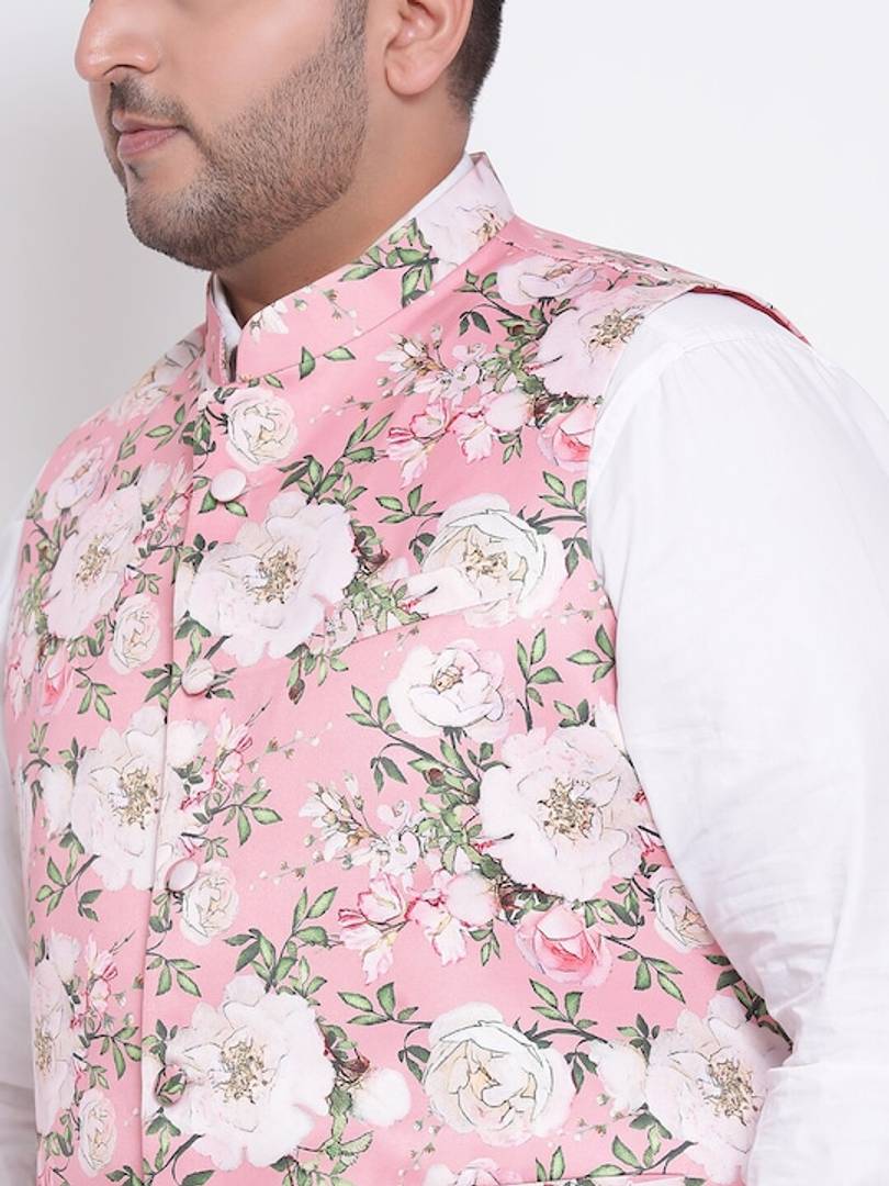 Men's Pink 
Cotton Blend
 Printed Nehru Jackets